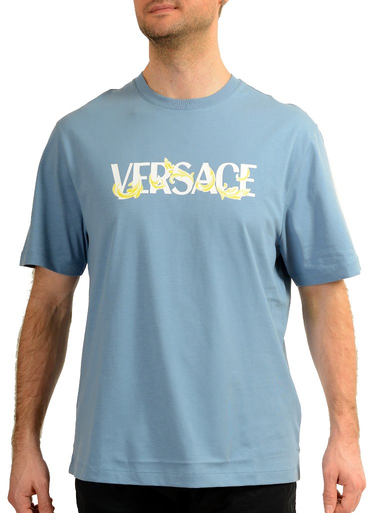 Versace Men's Logo Print Blue Crewneck Short Sleeve T-Shirt Us 4xl It 60
